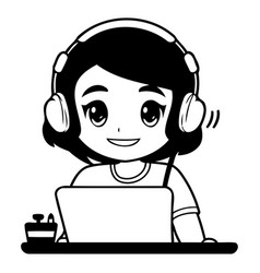 Cute Girl With Headphones And Laptop Call Center