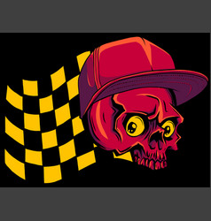 Yellow Human Skull With Race Flag And Bonnet