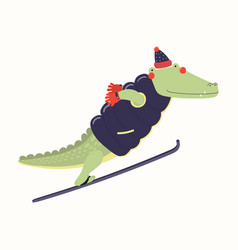 Cute Crocodile Ski Jumping In Winter