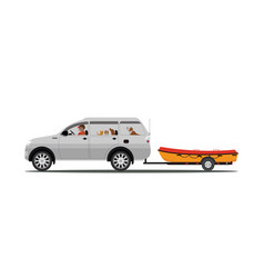 Family Drives Boat Towing Car Isolated On White