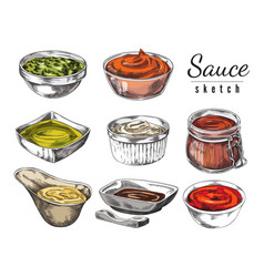 Food Sauces And Condiments In Dip Bowls Sketch