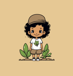 Cute Little African American Girl With Plant