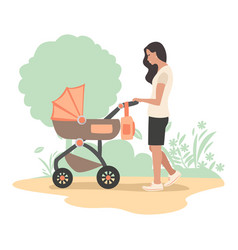 Mom Walks With Baby In Stroller