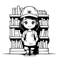 Cute Little Schoolgirl Standing In The Library