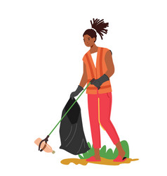 Black Woman Collecting Litter Trash To Sack