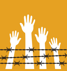 Human Hands Up Behind Barbed Wire