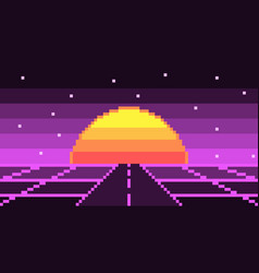 Pixel Road Synthwave Landscape With Sun And Stars