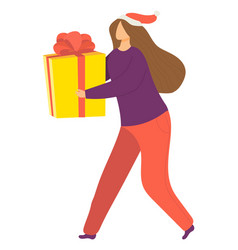 Cheerful Happy Woman Character Hold Christmas Gift