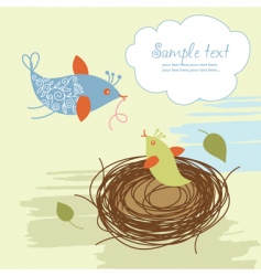 Birds with her two babies in nest Royalty Free Vector Image