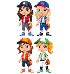 Set Of Sport Girl Cartoon Character Baseball