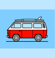 Red And White Retro Surfer Van With Surfbord