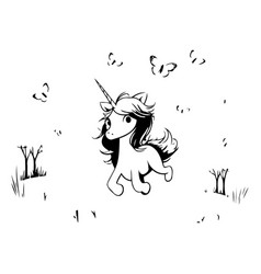 Cute Cartoon Unicorn In The Meadow