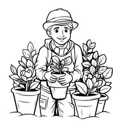 Gardening Boy Cartoon In Black And White Graphic