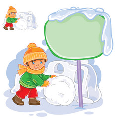 Little Boy Rolling A Snowball And Building