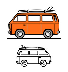 Vintage Surfer Camper Van With Surfbord On Roof