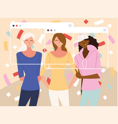 Virtual Party With Women Cartoons And Confetti