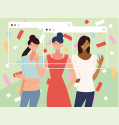 Virtual Party With Women Cartoons And Confetti