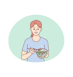 Smiling Woman Eating Healthy Vegetable Salad