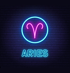 Neon Aries Sign On Brick Wall Background