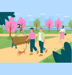 People Walk In Springtime Park Flat Color