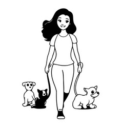 Beautiful Woman Walking With Her Dogs Flat Style