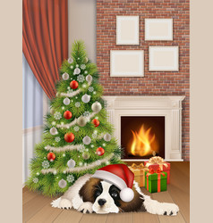 Interior With Christmas Tree Fireplace Dog