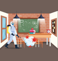 Man With Protective Suit Spraying School Room