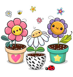 Cute Flowers In The Pots On A White Background