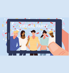 Virtual Party With Men Women Cartoons And Confetti