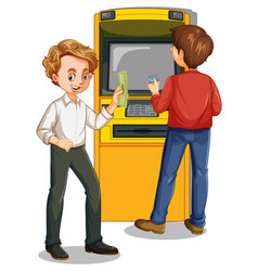 Two Men Standing At Atm Machine