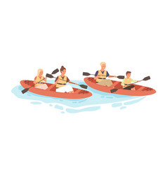 Happy Active Family With Kids Rafting On Kayak