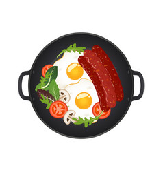 Hot Frying Pan With Fried Eggs Sausages