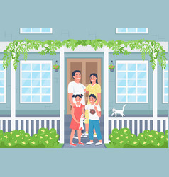 Happy Family Posing On House Patio Flat Color