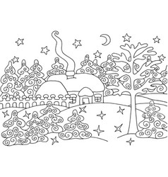 House In Winter Forest - Coloring Page