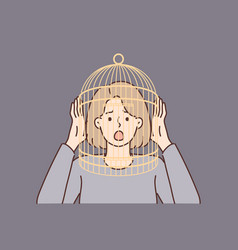 Girl With Cage On Head Screams Having Fallen Into