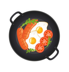 Hot Frying Pan With Fried Eggs Sausages