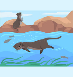 Cute Otter Character Swimming In Sea Cartoon