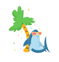 Cute Shark Character In Sunglasses Relaxing Under