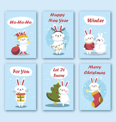 Set Of Christmas Cards Rabbits Celebrate Holidays