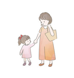 Watercolor Mom And Daughter Walking Hand In Hand