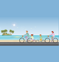 Family Are Riding On Bicycles On Beach Background