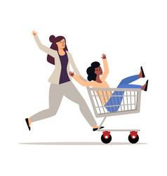 Woman Riding Supermarket Shopping Cart