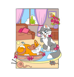 Two Cute Cats In Cozy Home Cartoon