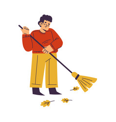 Little Boy In Fall Season Sweeping Ground