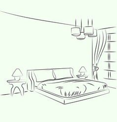 Hotel Room King Size Bed With Line Art Or Outline