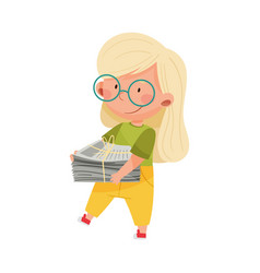 Cute Girl Carrying Pile Newspaper For Recycling