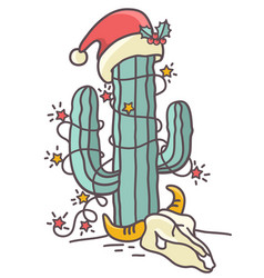 Christmas Cactus With Santa Hat And Bright Lights