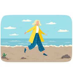 Happy Girl Walks Along Beach Summer Landscape In