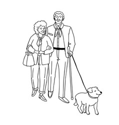 Happy Couple Senior People Walking With Dog