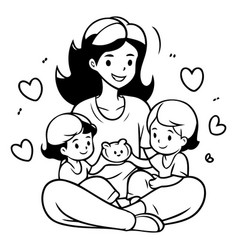 Mother With Her Children Happy Family In Cartoon